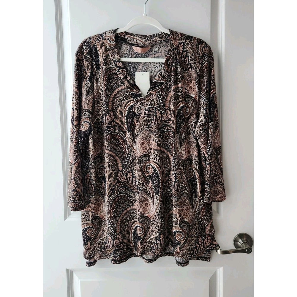 AMANA Women's Tunic Paisley Blouse Top Long Sleeve V-Neck Size 1X
